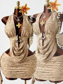 Sunspun Plus Size Women's Jacquard Plunging Neck Halter Top And Mini Skirt Sexy 2-Piece Set Beach Khaki Summer - Mocha Brown - View 9
