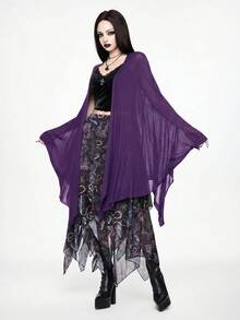 ROMWE Goth Cardigan fin en maille transparente vintage à manches chauve-souris sombres et ourlet asymétrique - Prune - Voir 2