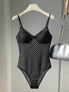Comfortcana Women's Polka Dot Lace Bodysuit 2 Pieces Set, Summer Outfits , Summer Clothes - Black - View 3