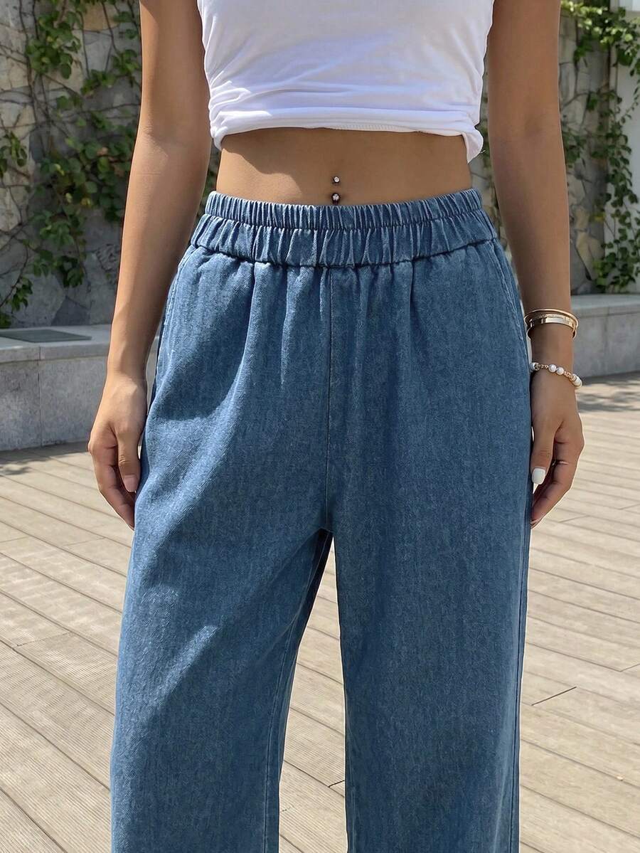DAZY Jeans med elastisk midja och vida ben, baggy jeans - Mediumtvätt - Visa 1