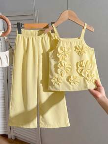 Young Girls Solid Color 3D Floral Camisole & Pants Set - Yellow - View 3