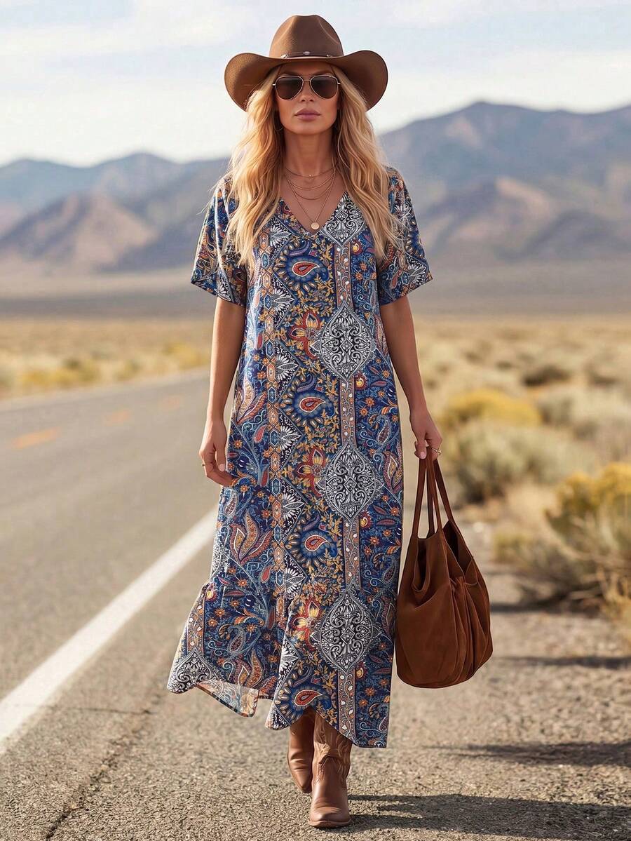 LanaWest Women's Vintage Boho Country Paisley Maxi Dress, Elegant Button Front Split Hem Long Sundress For Resort Road Trip Western Farm Party - Navy Blue - View 1