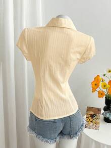 Elamini Women's V-Neck Vintage Elegant Mushroom Button Textured Jacquard Casual Vacation Cinched Waist Blouse Dinner Date White Summer - Light Yellow - View 2