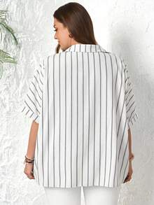 Rosumi Plus Size Short Sleeve Drop Shoulder Front Button Loose Casual Striped Shirt - White - View 4