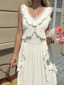 Livesso Vestido largo sin mangas con ribete de volantes para mujer vacaciones - Blanco - Ver 1