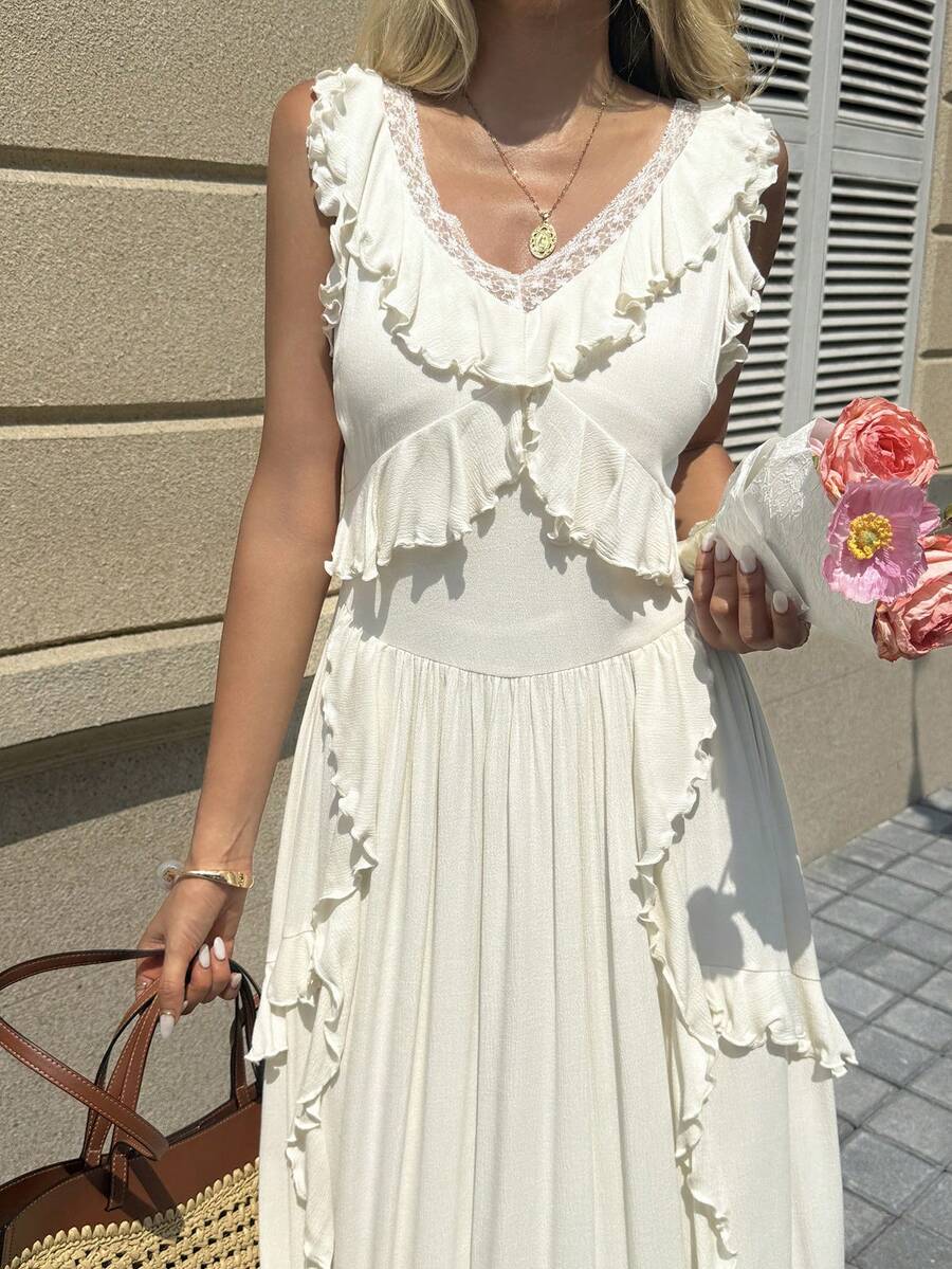 Livesso Vestido largo sin mangas con ribete de volantes para mujer vacaciones - Blanco - Ver 1