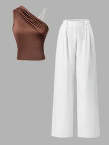 2pcs/Set Teen Girls Summer Casual Commuter Outfit, High Elasticity Solid Color Knit Pleated Asymmetric Shoulder Sleeveless Top With... - Mocha Brown - View 7