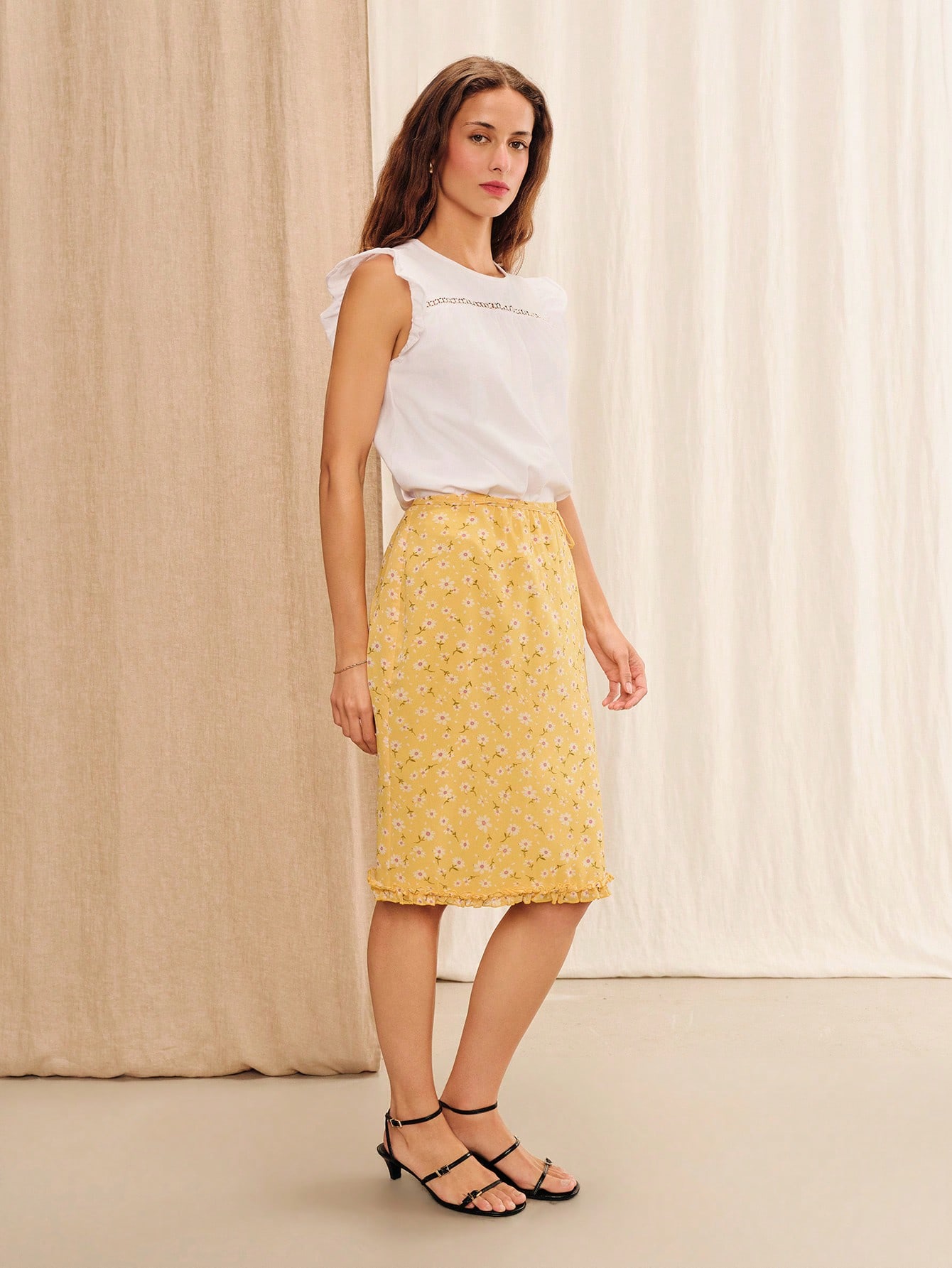 Yellow Floral Knee-Length Midi Skirt With Tie Waist French Style Summer Vintage Holiday Casual Skirt