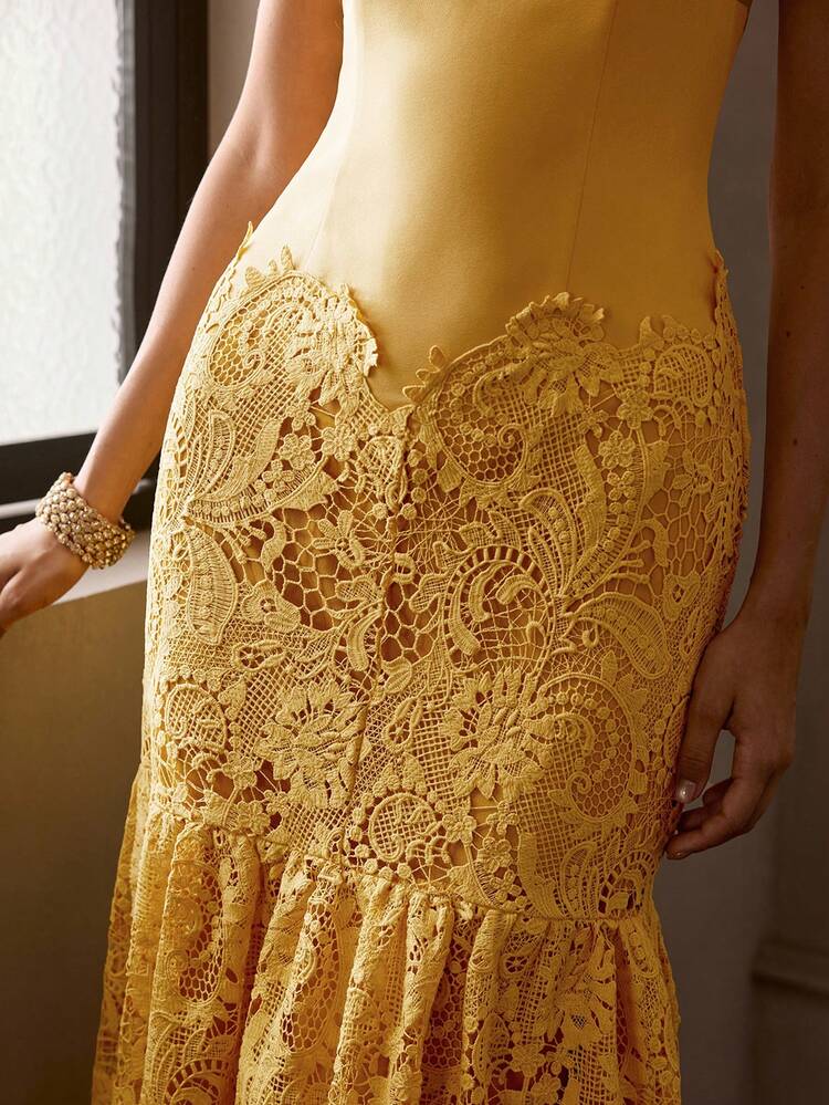 MOTF Soiréza ELEGANT WOMEN'S SOLID COLOR YELLOW SLEEVELESS MERMAID HEM MAXI PARTY GOWN WITH LACE PATCHWORK, PERFECT FOR VALENTINE'S DAY, EVENING GALAS, WEDDING GUEST ATTIRE, ANNIVERSARY CELEBRATIONS, PROM NIGHTS, HOLIDAY BASHES,ELEGANT BIRTHDAY CELEBRATIONS