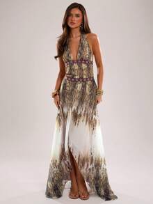 SHEIN BAE Spring/Summer Women's Casual Vacation Halter Neck Backless Animal Print Gradient A-Line Sexy Vacation Dress, Suitable For Beach Vacation, Beach Holiday, Casual Vacation, Sisters Casual Outing, Leopard Print Dress, Sexy Leopard Print Dress, Shiny Leopard Print Dress, Music Festival - Brown - View 5