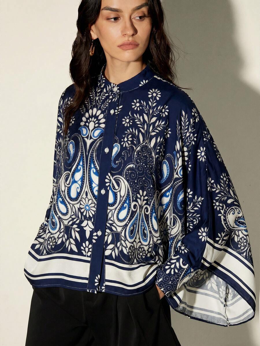 Frievida Kemeja Wanita Gaya Liburan Lengan Panjang Longgar dengan Desain Blok Warna Vintage Elegan untuk Komuter dan Syal Persegi di Bagian Bawah Lengan. - Navy Blue - View 1