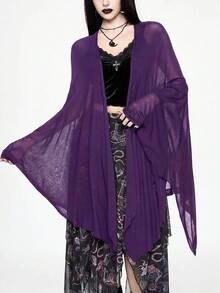 ROMWE Goth Cardigan fin en maille transparente vintage à manches chauve-souris sombres et ourlet asymétrique - Prune - Voir 1