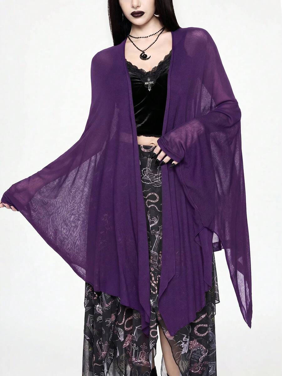 ROMWE Goth Cardigan fin en maille transparente vintage à manches chauve-souris sombres et ourlet asymétrique - Prune - Voir 1