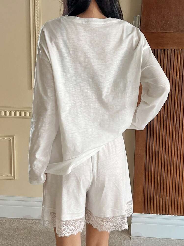 2pcs Lace Patchwork Bow Decor Loose Long Sleeve T-Shirt And Shorts Pajama Set For Women, Summer