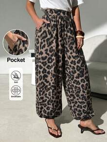 Lavishia Women's Spring/Summer Fashion Casual Balloon Pants Comfortable Versatile Coffee Color Long Pants,Leopard Print, Independence Day,Music Festival - Coffee Brown - View 8