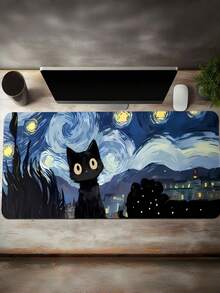 1 st Diatomit Van Gogh Stjärnnatt kattmönster minimalistisk svart yta utökad tangentbordsunderlägg för kontor och gaming halkfri vattentät stor - Stjärnkatt - Visa 4