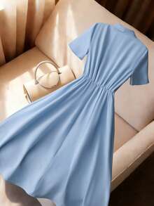 GlowEve CURVE Women's Plus Size Baby Blue Button A-Line Dress, Spring/Summer Wedding Guest Elegant - Blue - View 2