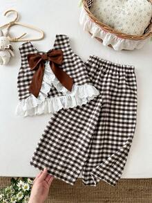 LMoss Kids 少女編織格紋圓領拼接荷葉邊休閒背心與長褲兩件組 - 彩色 - 查看 5