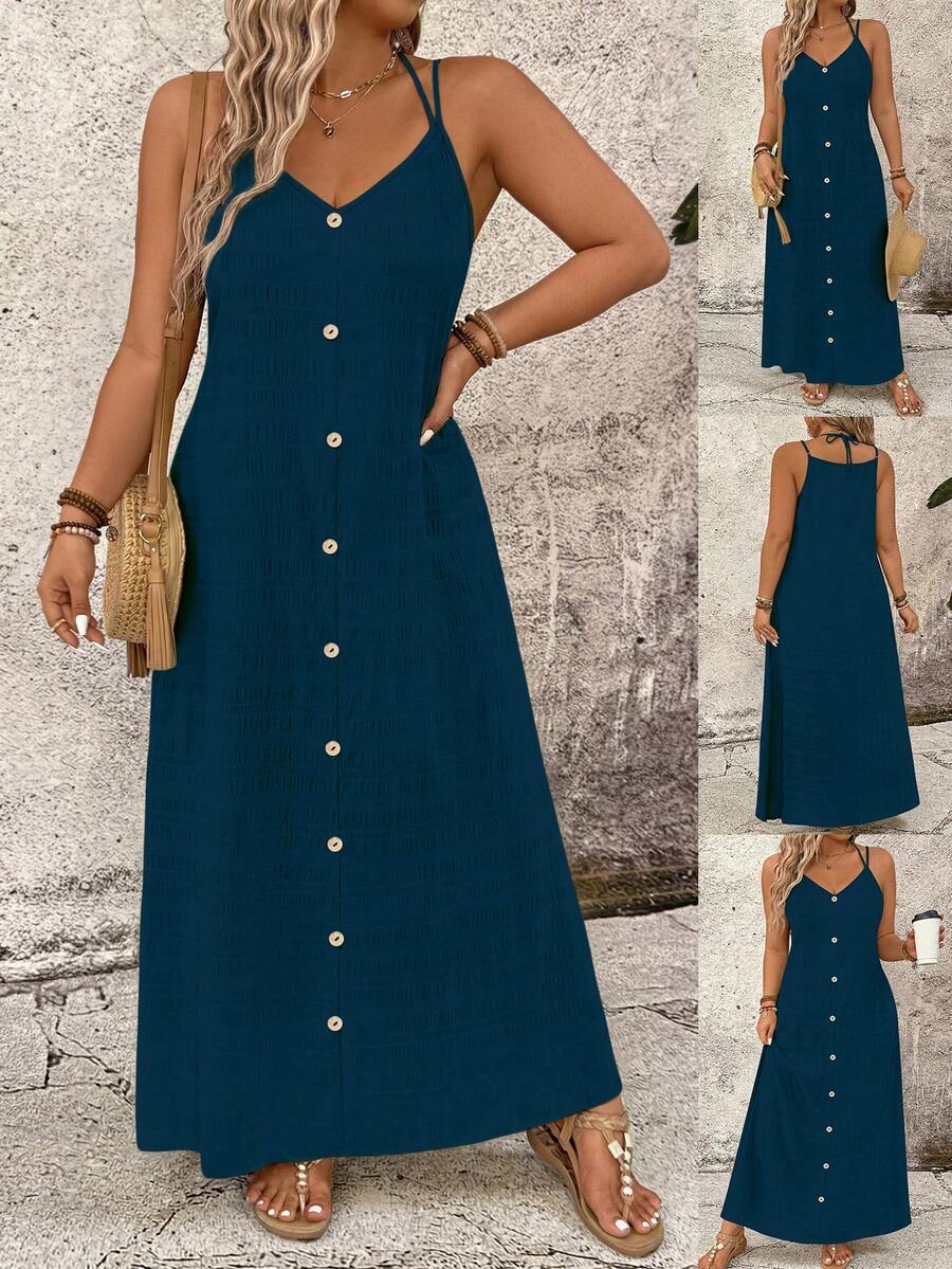 Linhara CURVE Vestido casual de vacaciones con tirantes de camisola de unicolor talla grande - Azul Cadete - Ver 1