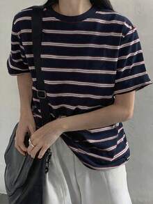 DAZY Summer Casual Striped Crew Neck Short Sleeve T-Shirt Graphic Tee - Royal Blue - View 2