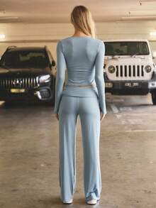 Aralina Leisurewear Casual Active Loungewear Mock Wrap Longsleeve Top Women's 2pcs With Relaxed Tie Waistband Pant Gym Workout Pilates Yoga Two Piece Set - Dusty Blue - View 2