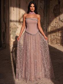 Glamrae Elegant Queen Princess Luxurious Handmade Diamond Pearl Sequin Mesh Patchwork Knit Maxi Dress Chiffon Flounce Graduation Formal Gala Dinner Pink Fall - Dusty Pink - View 2