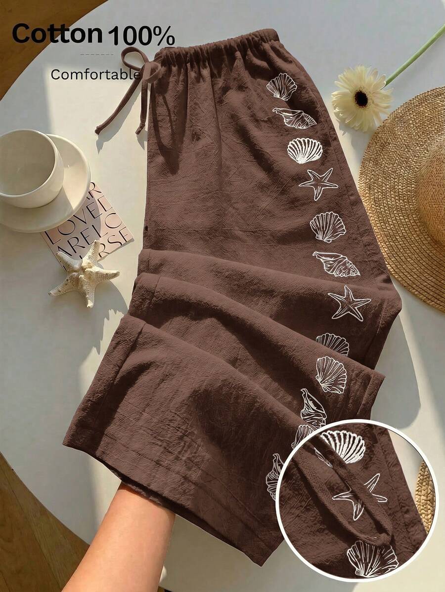 Comfortcana 女款夏季抽繩腰星魚與貝殼印花休閒寬腿褲,百搭日常穿搭,春季必備,咖啡棕色 - 咖啡棕 - 查看 1