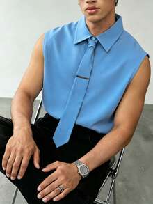 Manfinity Dauomo Men's Fashionable Solid Color Casual Sleeveless Shirt - Baby Blue - View 5