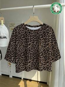 Comfortcana Kaos Katun Wanita Ukuran Besar Motif Leopard Kasual Sehari-hari - MultiWarna - View 1