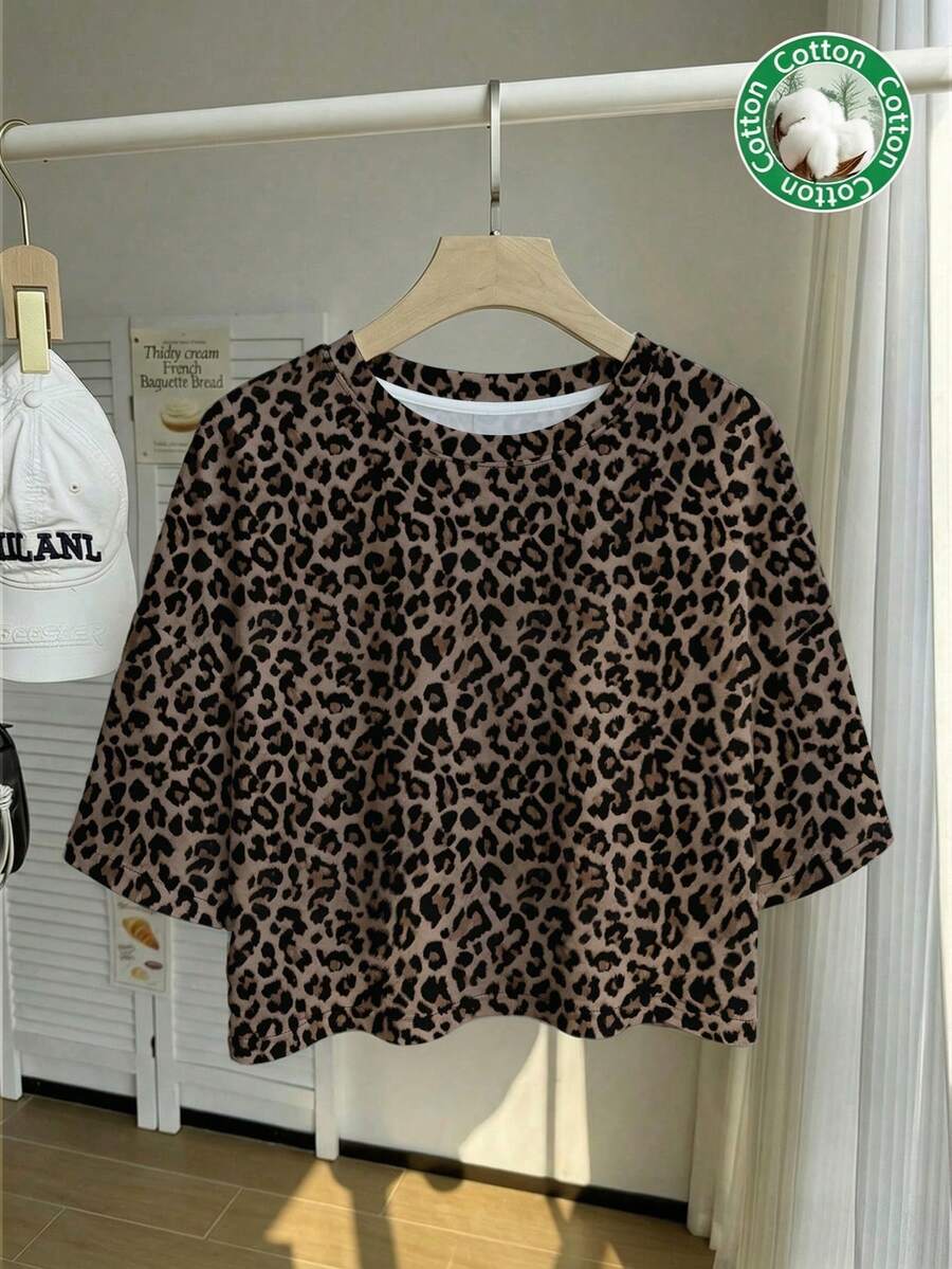 Comfortcana Kaos Katun Wanita Ukuran Besar Motif Leopard Kasual Sehari-hari - MultiWarna - View 1