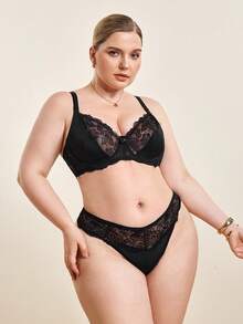 Hourtrue Plus Contrast Lace Underwire Bra Lingerie, Lift - Black - View 8