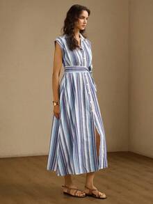 Briarwyn Vestido de moda a rayas de mujer con botones simples y cordones - Multicolor - Ver 6