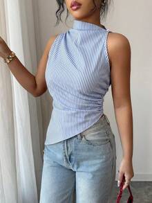 Rafferiza Áo tank top nữ màu đỏ chấm bi, dáng ôm, vạt bất đối xứng - Xanh và trắng - Xem 3