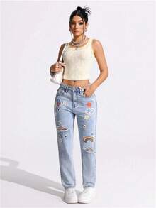 SHEIN ICON 大码女式五角星印花口袋做旧牛仔裤 - 淺色水洗藍 - 查看 3