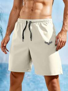 Manfinity Homme Men's Wing Pattern Elastic Waist Drawstring Tie Shorts Suitable For Daily Wear - Khaki - View 4