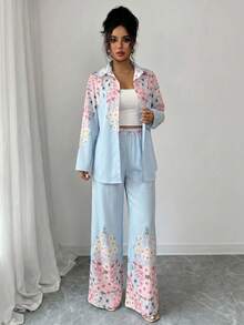 Modelyn 两件套女士碎花单排扣上衣和裤子休闲日常穿着套装 - 淺藍色 - 查看 6