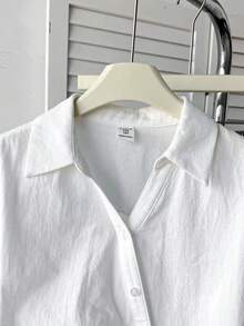 SHEIN 青少年女孩寬鬆休閒簡約舒適日常穿搭 學院風優雅修身梭織白色領扣衫 不對稱下擺抽褶上衣 返校穿搭 - 白色 - 查看 5