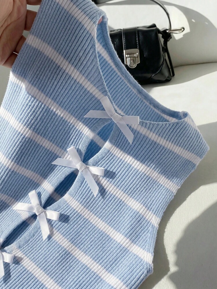 Comfortcana Women's Casual Y2k Cute Minimalist Blue And White Stripe Contrast Bow Decor Sleeveless Knit Top, Suitable For School Wear Vacation Summer Date - Blue - View 6