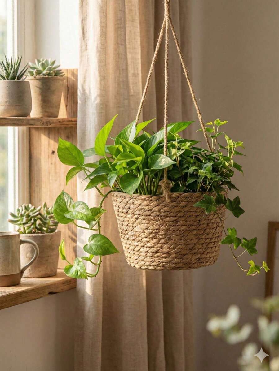 1PC Jute Rope Hanging Plant Basket Indoor Outdoor Macrame Plant Holder Wall Mount Flower Pot Stand Garden Decor Hanger Natural Boho Planter Shelf Storage - flat bottom - View 1