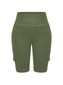 SHEIN LUNE Plus Size High Waist Fold-Over Cargo Running Shorts With Pockets, Tummy Control & Butt Lifting - Green - View 3