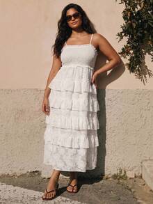 Juhart Plus Size Women Solid Color Pleated Loose Casual Boho Vacation Date Outing Spaghetti Strap Dress White Summer - White - View 1