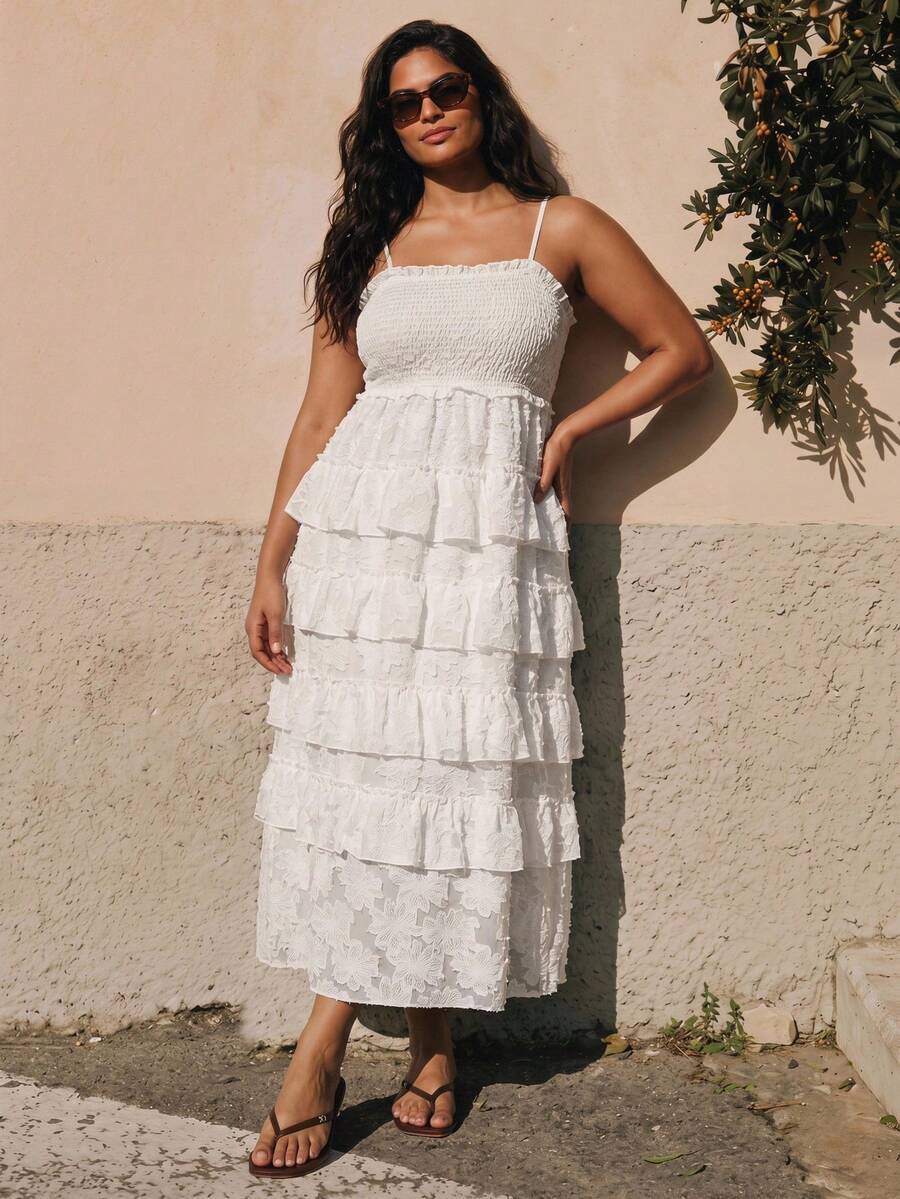 Juhart Plus Size Women Solid Color Pleated Loose Casual Boho Vacation Date Outing Spaghetti Strap Dress White Summer - White - View 1