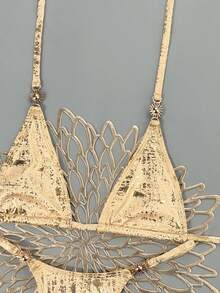 Swim Vcay 2026 Spring/Summer Triangle Cup Halter Neck Gold Foil Fabric Sunflower Metal Buckle Edge Ruffle High Cut Adjustable Sexy Bikini For Women, Suitable For Beach, Seaside And Pool - Gold - View 5