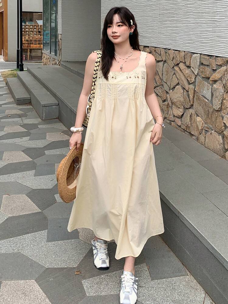 Dazy Plus Summer Holiday Elegant Party Vacation Easter All Cotton Spaghetti Strap Loose Sleeveless Plus Size Women Spring/Summer Midi Dress
