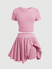 SHEIN 青少年女孩夏季新款藍色純色短袖T恤防走光裙套裝 - 粉色 - 查看 4