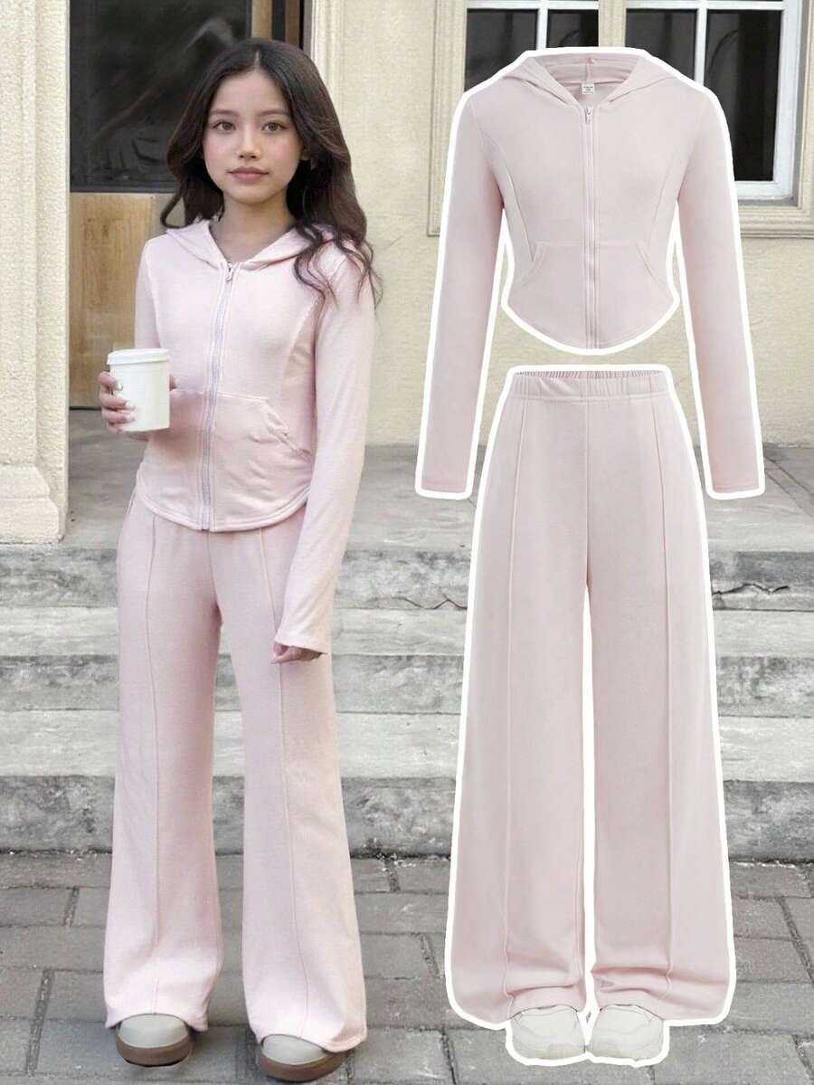SHEIN 青少年女孩 2 件纯粉色抽绳连帽衫和阔腿裤套装,适合春秋季休闲装和日常穿着 - 粉色 - 查看 1
