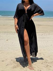 Swim Lushoire Plus Size 2026 Spring/Summer New Long Sexy Boho Casual Beach Front Tie Kimono Cover Up - Black - View 5