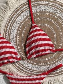 Swim Mod Women's 2026 Spring/Summer New Blue And White Striped Textured Fabric Small Sun Metal Decor V-Neck Backless Triangle Wrap Rope Studded Bikini Swimsuit 2-Piece Set - Red - View 5