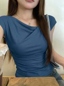 DAZY Ladies Solid Color Pleated Slim Fit Short Sleeve T-Shirt For Spring/Summer - Teal Blue - View 8