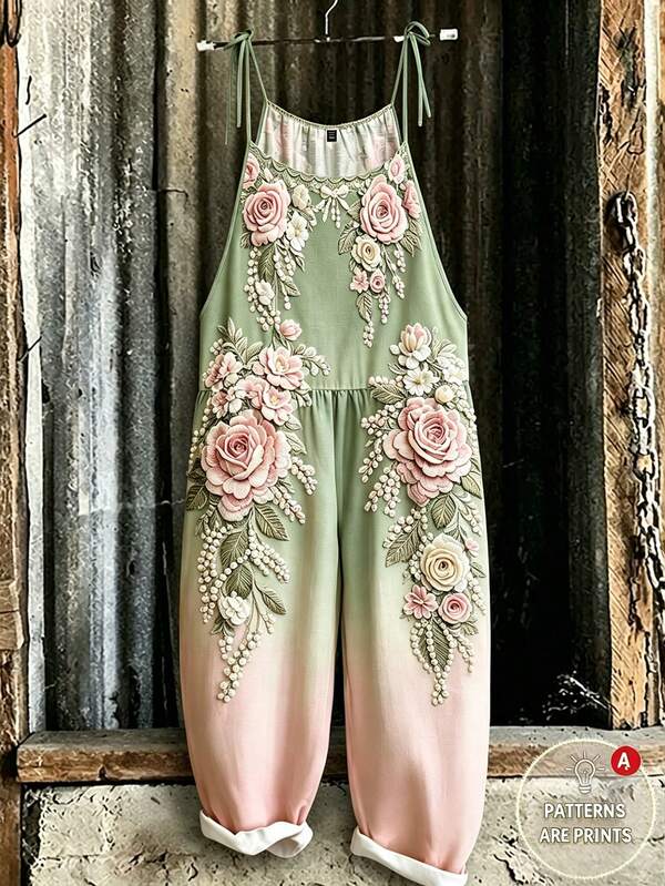Linhara CURVE Plus Size Women's Spring/Summer Woven Printed Vintage Casual Commuter Elegant Loose Gradient Color Picnic Shopping Vacation Jumpsuit Fall